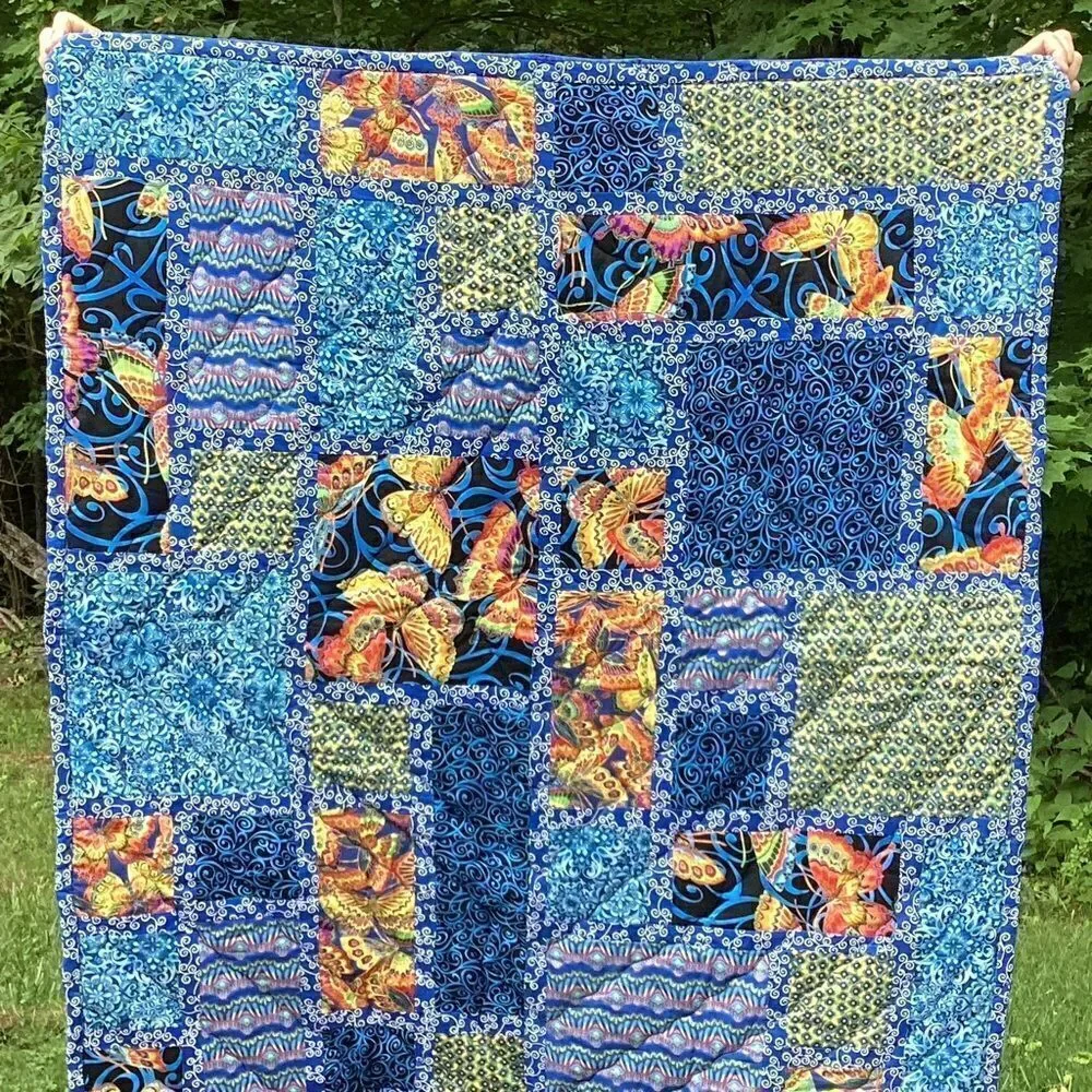 NWT. Hand Crafted Blue Butterflies Lap Quilt